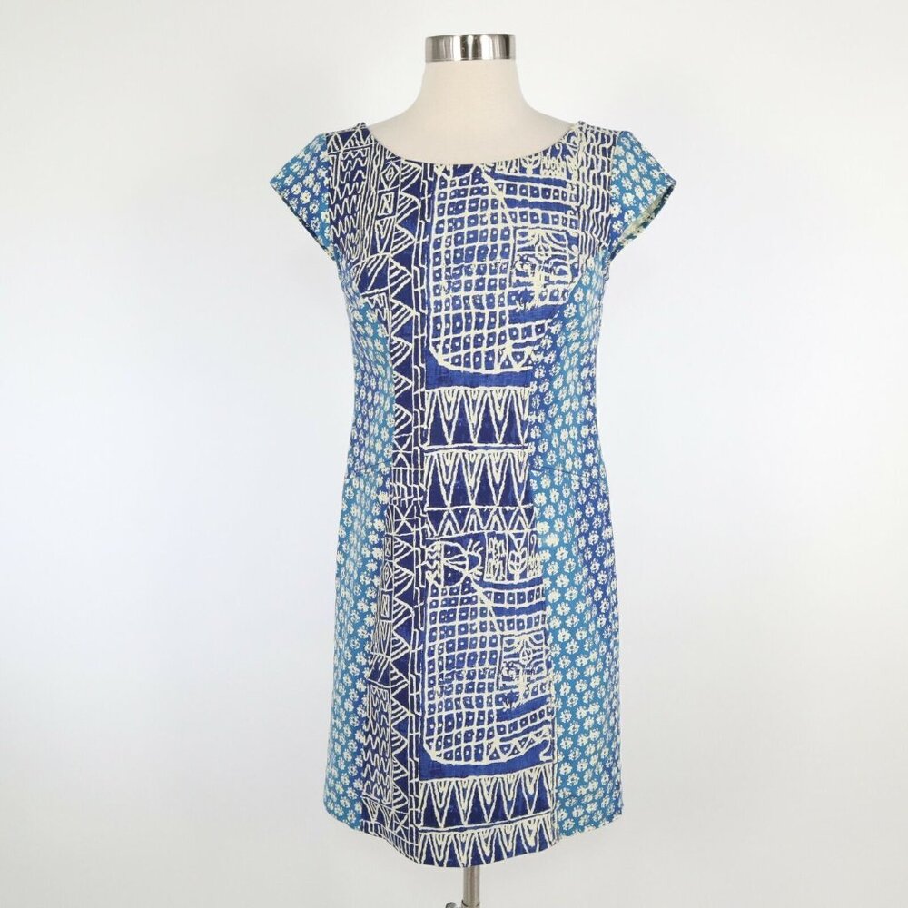 Plenty by Tracy Reese Sheath Dress Womens 2 Blue Ivory Geometric V-Back Stretch